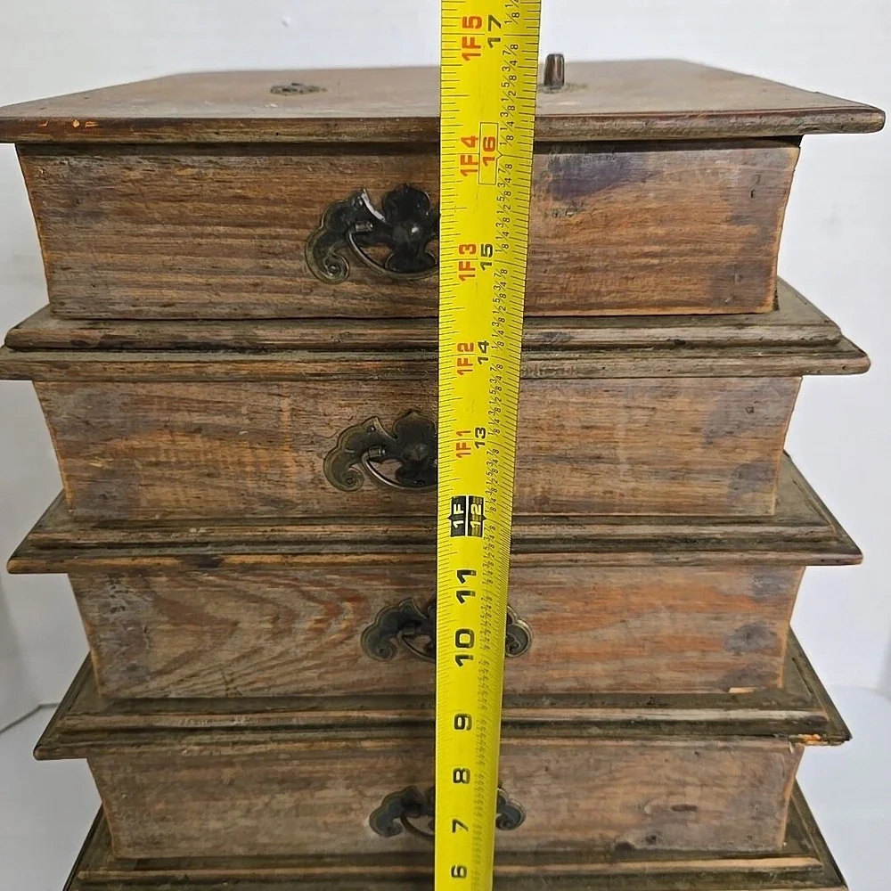 Antique Chinese Wood Carved 5 Drawer Pagoda Handle Storage Jewelry Box